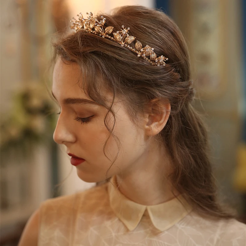 Baroque Women Hairband Gold Color Leaf Bridal Tiara Crown Rhinestone Wedding Hair Piece Handmade Accessories