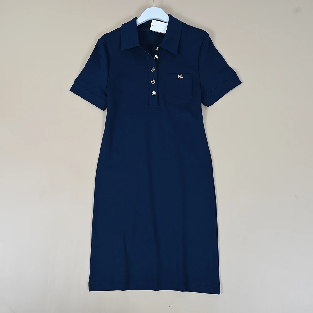 فستان نسائي صيفي جديد بياقة بولو وأكمام قصيرة محبوك مع أزرار نصفية وتصميم ضيق وخصر مرتفع وتنورة على شكل حرف A