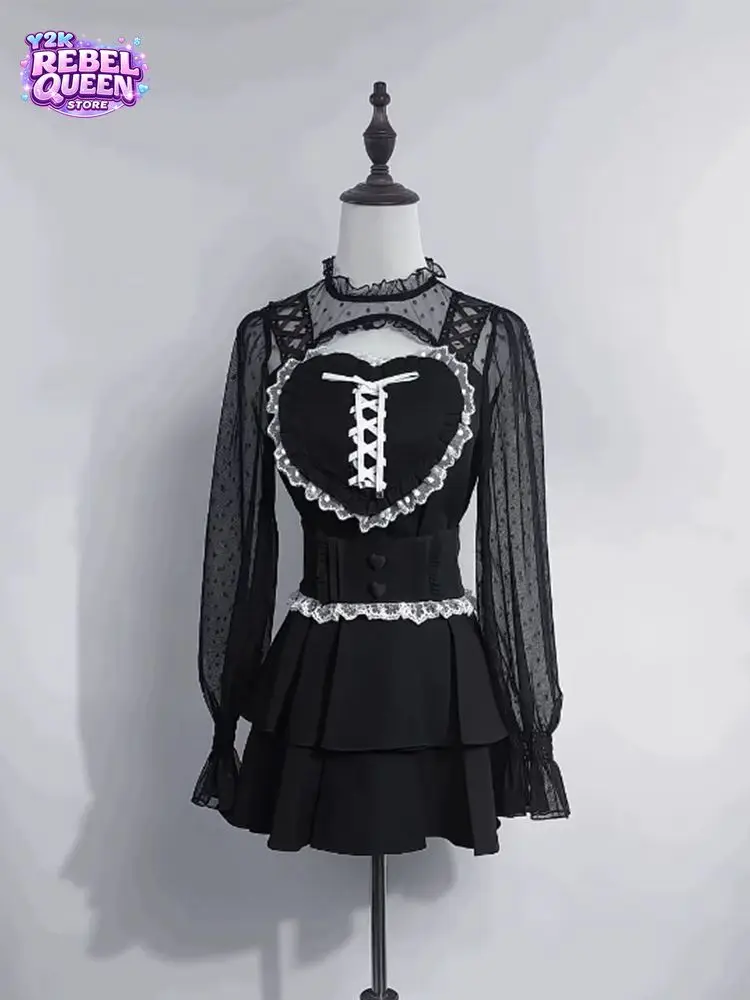 Coquette Sweet Gothic Lolita 2 Piece Set Women Mesh Lace Trim Long Sleeve Lace Up Heart Ruched Corset Ruffle Hem Slim Fit Mini