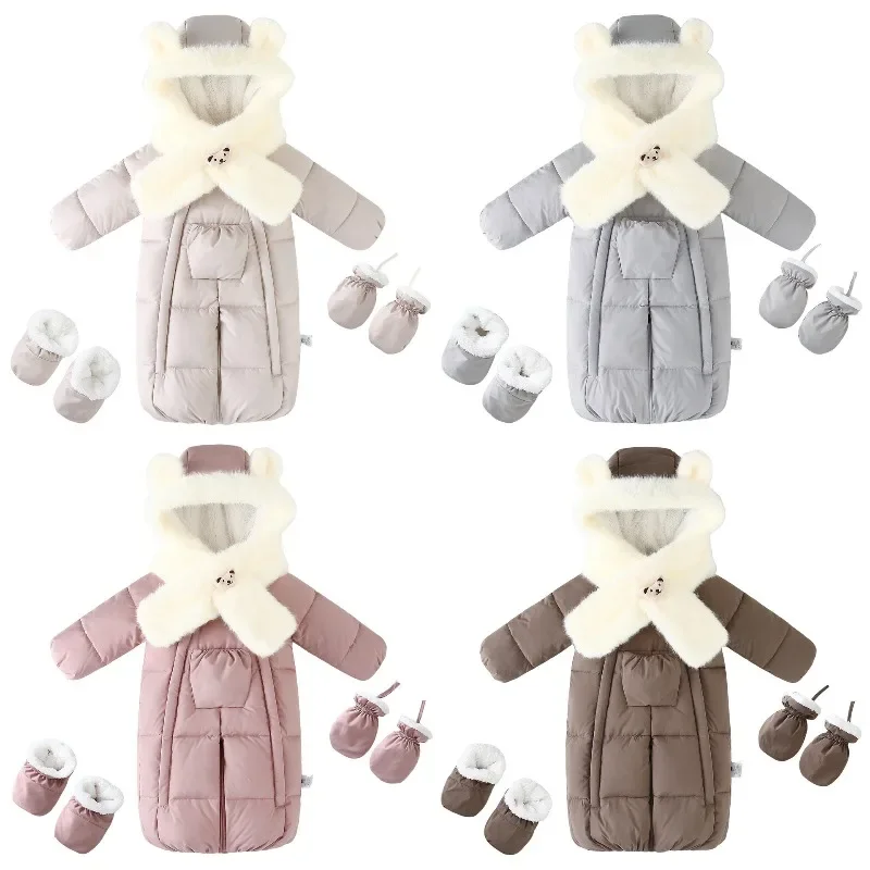 4-teiliges Set BELLBELL Winter-Strampler für Neugeborene Mädchen + Schal + Handschuhe + Schuhe, Outfit mit Kapuze, Plus Samt, warm, für Säuglinge, Babys, Mädchen, Jumpsuits – Detail 5