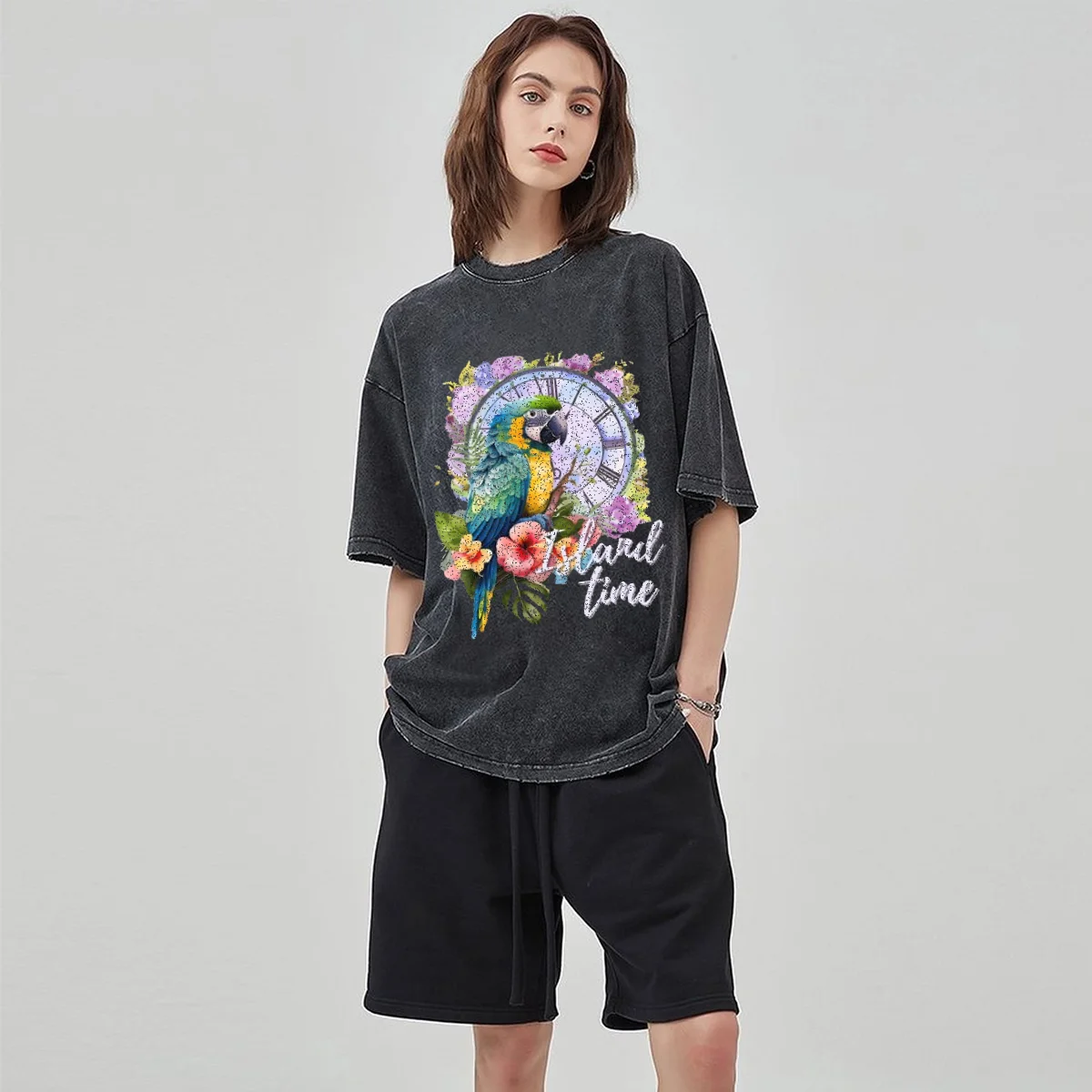 

Colorful Parrot Flower Print Women Washed T-Shirt Cotton Oversized Loose Couple Short Sleeve Unisex Y2k Fashion Design Top Men