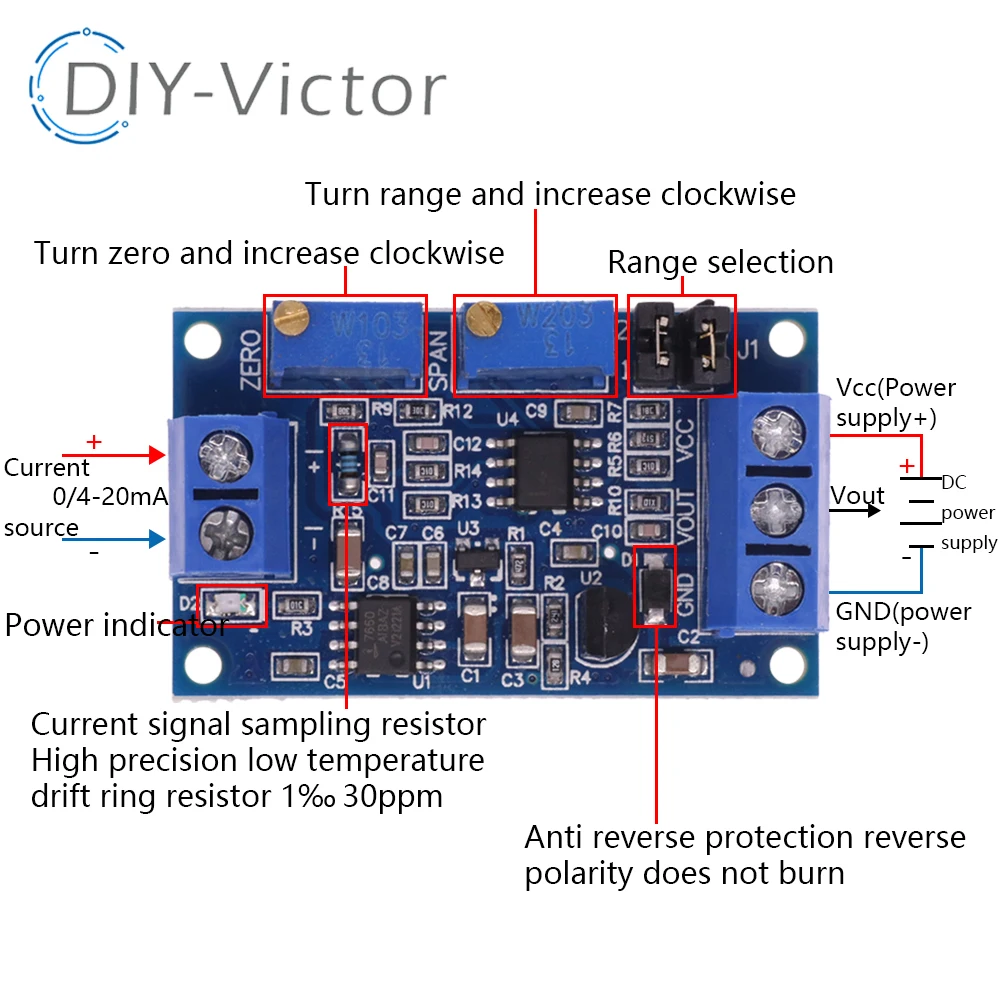 Current-to-voltage module: 0/4-20mA conversion to 0-3.3V, 5V, 10V voltage transducer. Signal conversion and conditioning.