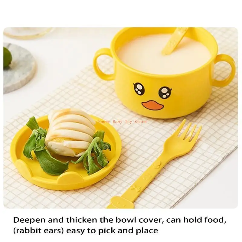 J0pf bonito desenhos animados pato tigela colher garfo para o jardim infância do bebê dividido prato jantar