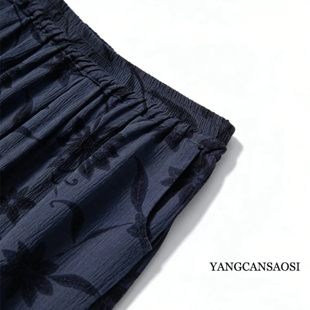 100% Mulberry Silk Trousers, Women's Bark Wrinkled Navy Blue Large Flower Pants, Elastic Waist Double Pockets, 2026 Spring New