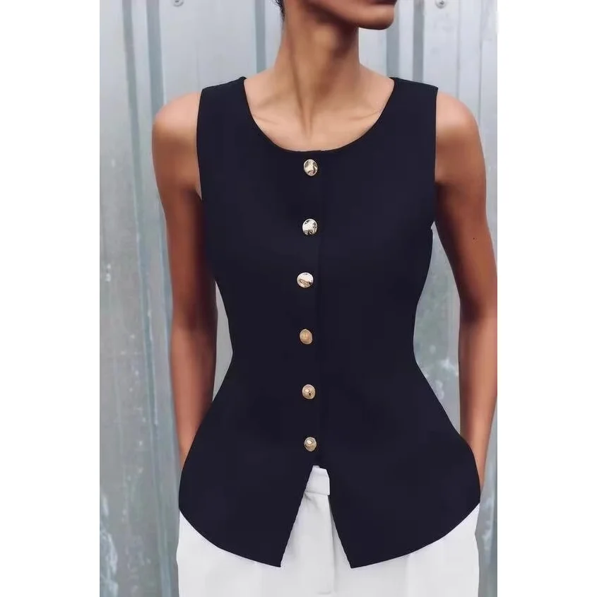 Spring New Knitted Sleeveless Top Fashion Casual round Neck Golden Button Flat Needle Vest Straight Tube Polyester Fiber Wome...