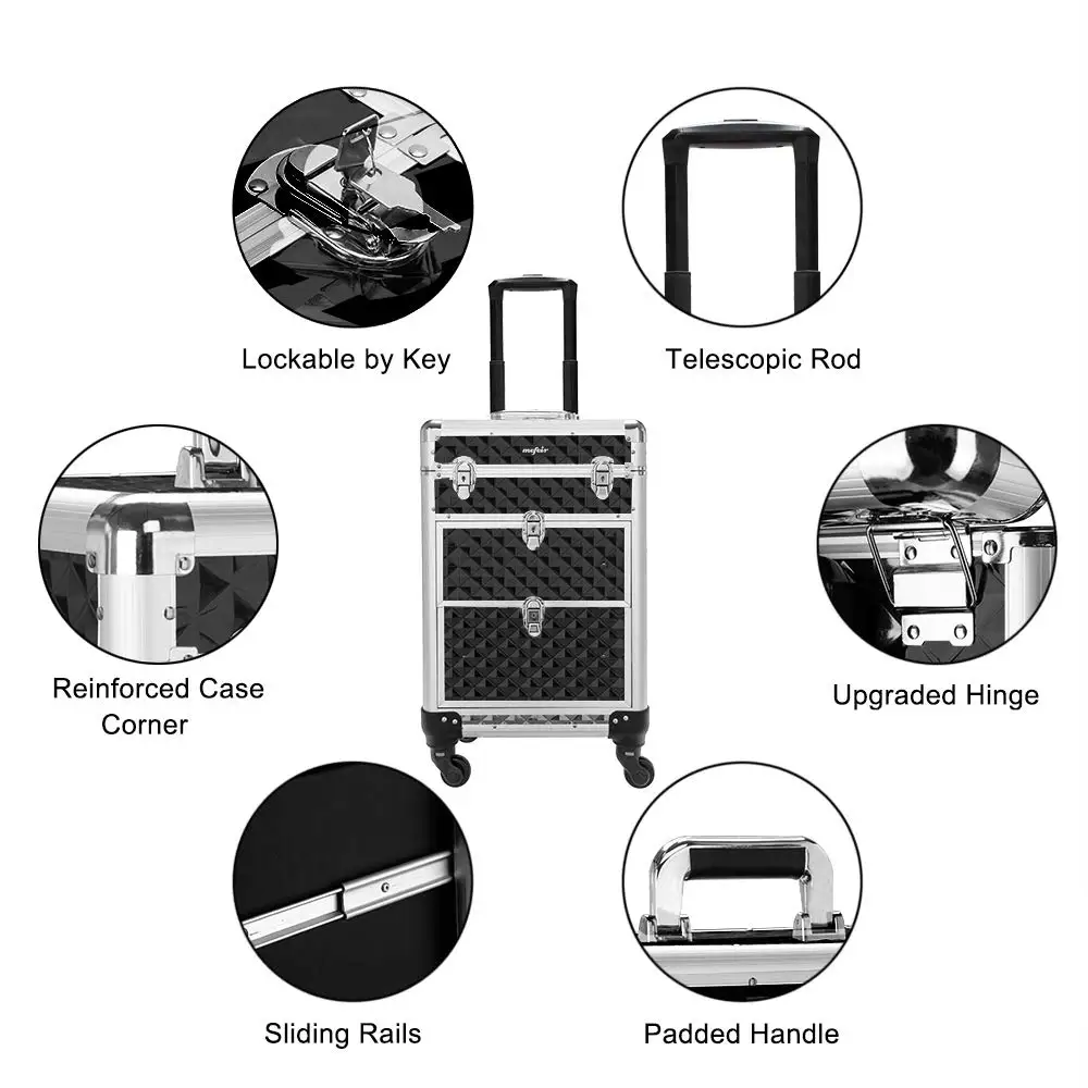 Portable Aluminum Rolling Makeup Case with Lock, Wheels & Drawers for Travel Organizer view 5