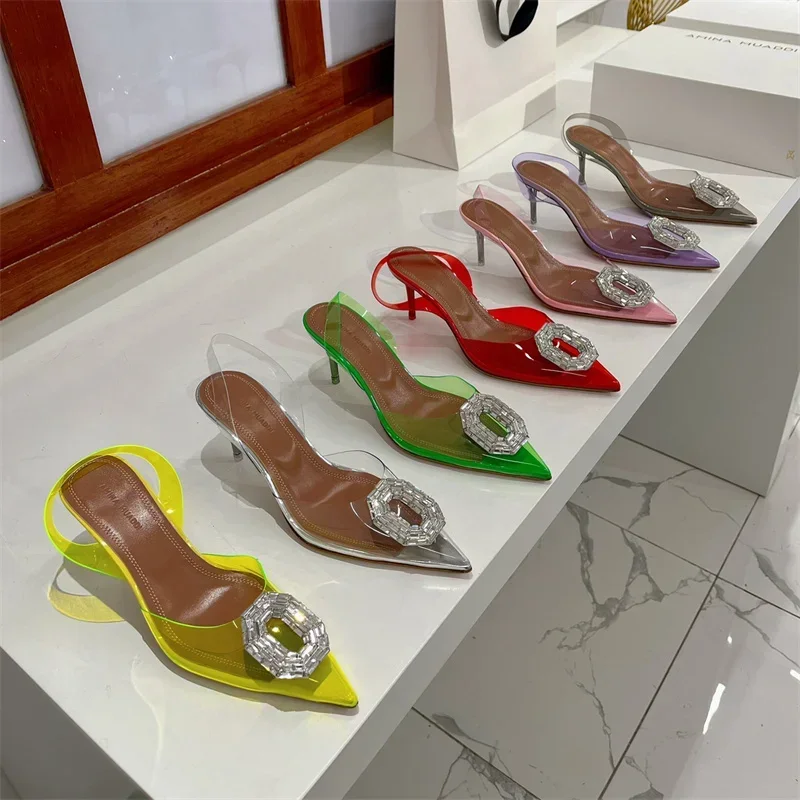 

new rhinestone buckle pointed high heels women's transparent stiletto sandals 5.5cm