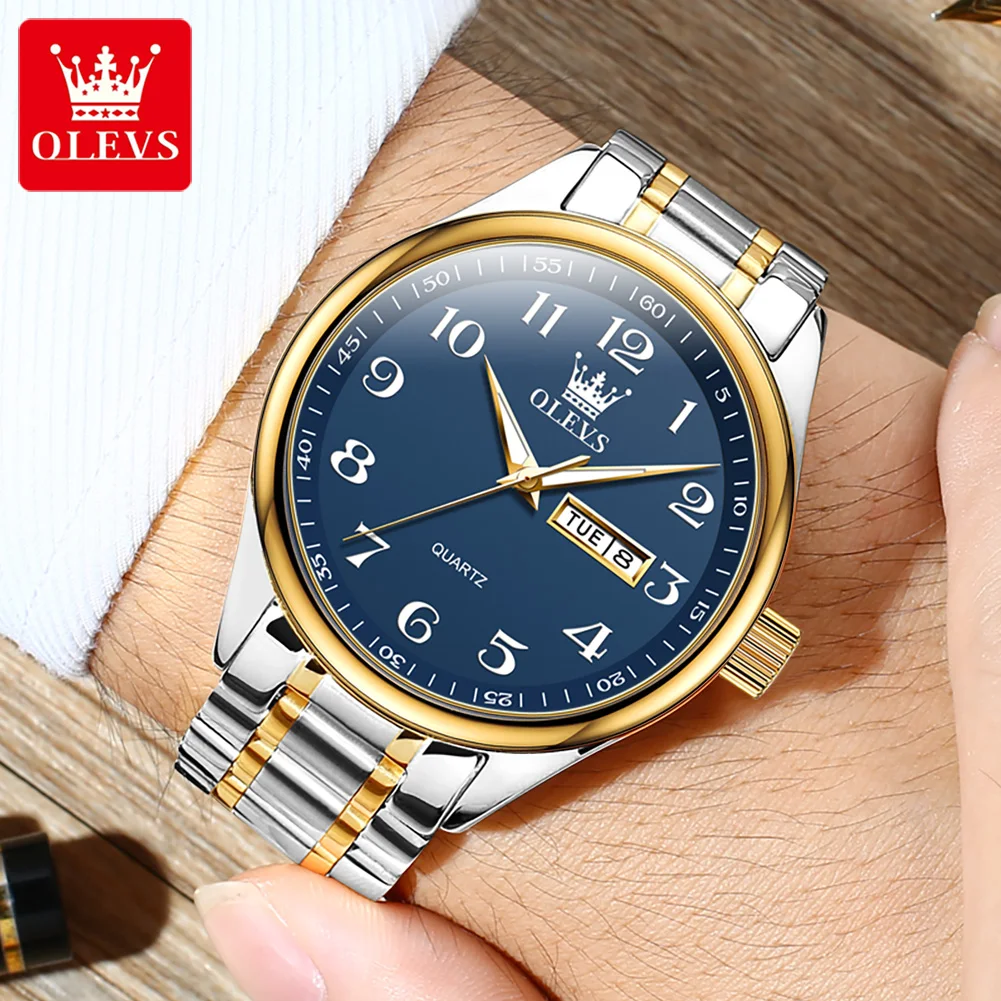 OLEVS Classic Bussiness Quartz Watch for Men Digital Dial Date Week Display Clock Luminous Waterproof Man Gold Wristwatches 5567