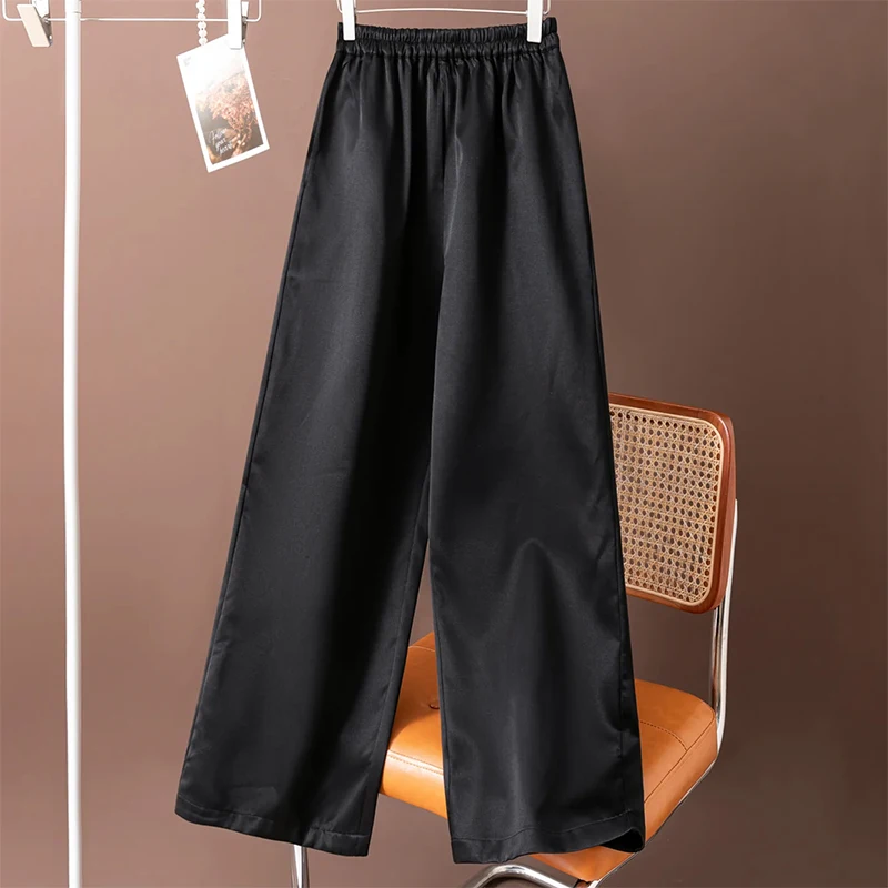 Women Silk Pants 35% Mulberry Silk 65% Wool Solid Black Color Elastic Waist Straight-leg Long Trousers with Pockets Autumn M1832