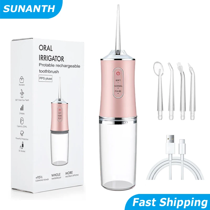 Portable Oral Irrigator USB Rechargeable Dental Water Flosser 4 Nozzles Water Jet 220ml Water Tank 3 Modes Waterproof