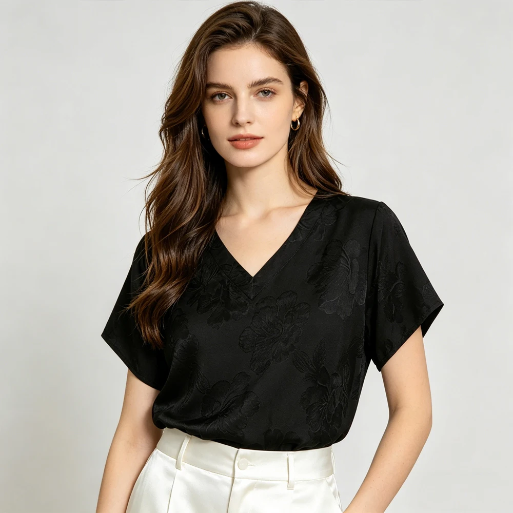 2026 Women's Casual Summer Clothing 100% Natural Mulberry Silk Frosted Ghost Crepe Jacquard V-neck Short Sleeved Solid T-shirt