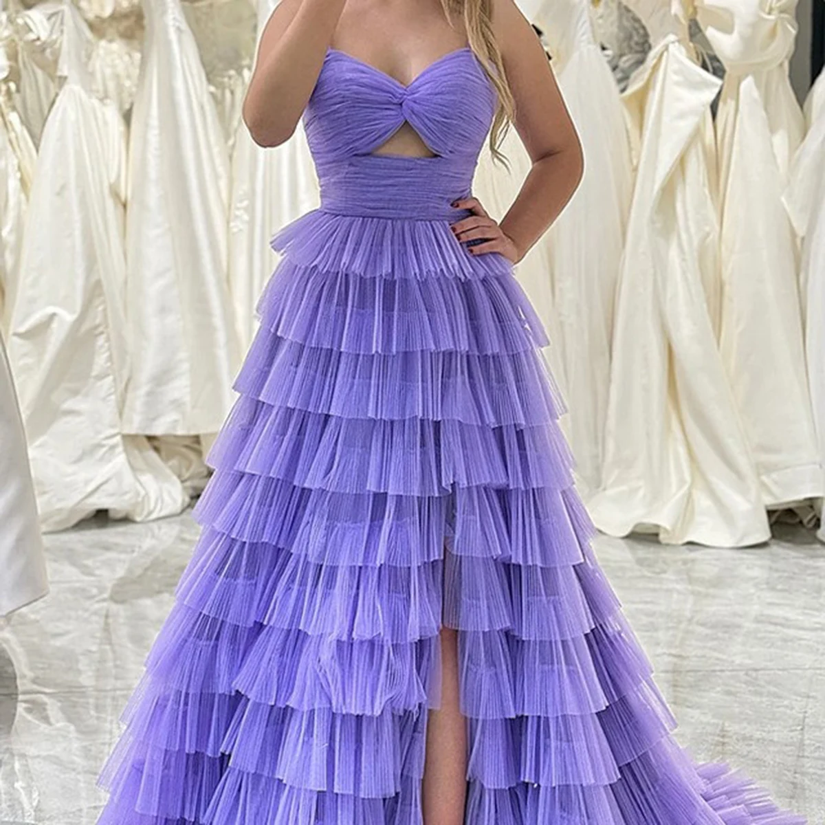 Lavendel Schatz Tiered A-Linie Abendkleid Sexy High Split A-Linie Abendkleider Sweep Zug Frauen Formelle Anlässe Partykleid