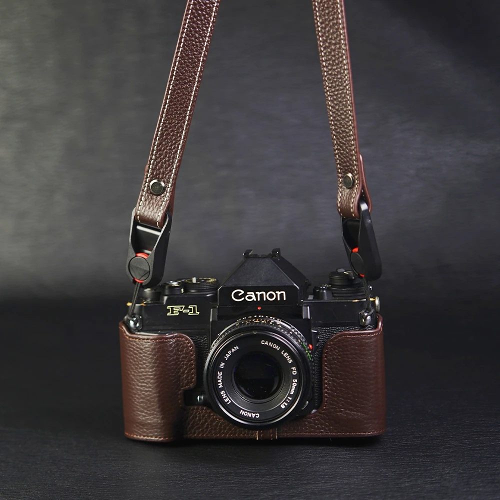 طقم حافظة جلدية لحقيبة Canon F1 مصنوعة يدويًا من الجلد الطبيعي نصف حافظة جلدية بحزام كتف ملحقات التصوير الفوتوغرافي حقيبة الكاميرا