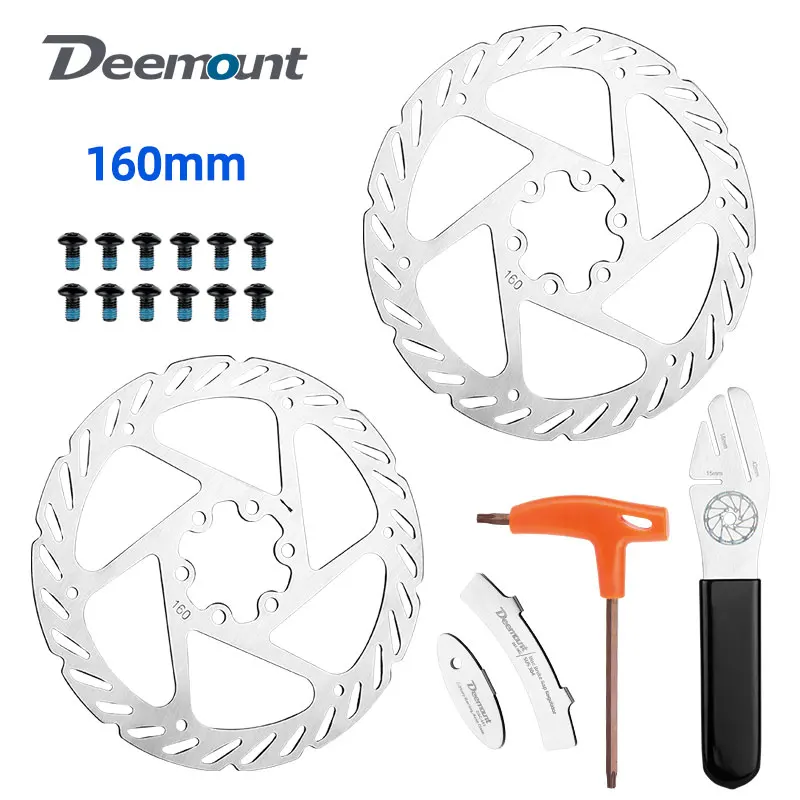 

Deemount 2pcs 160mm Bicycle Disc Brake Rotors Diagonal C/C44mm T25 Thread Lock Bolts W/ Mount Wrench Tuning Spanner Spacers Tool
