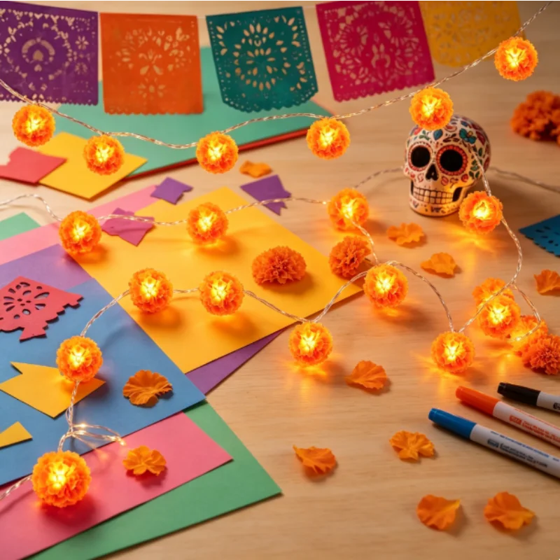 3M LED String Lights Mexican Marigolds 20 Flashing-Orange LEDs, Cempasuchil Style Flower Garland Battery Powered Halloween Decor