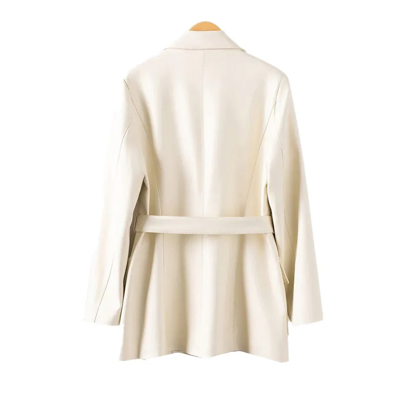 Damski garnitur jesienno-wiosenny, skórzana kurtka z kołnierzem, nowa moda, płaszcz wiatrówka o średniej długości, damski casualowy płaszcz ze skóry owczej z paskiem T1493