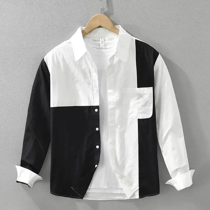 # 4441 Mehrfarbige Langarm-Hemden für Herren 100% Baumwolle Streetwear Herrenhemden Lose Koreanische Mode Oberbekleidung Lässige Hemden für Männer
