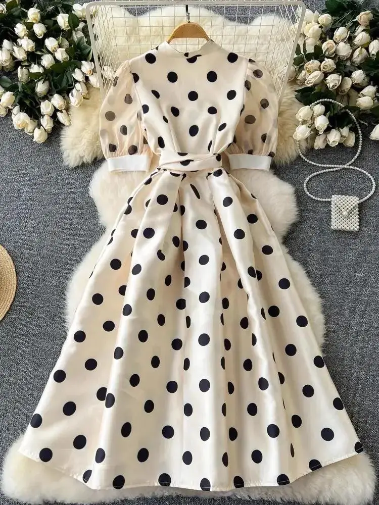 Sommer Elegante Dot Party Midi Kleider Französisch Prinzessin Chic Puff Sleeve Abend Party Vestidos Lace Up Wrap Big Hem Robe Kleidung