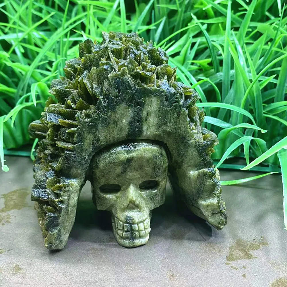 Natural quartz crystal green tourmaline carved skull chakra home decoration ornaments for giving as gifts