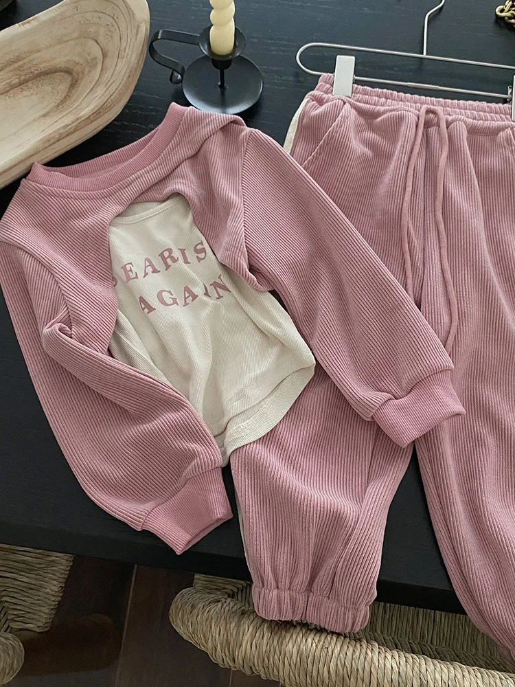 Korean Pink Sports Suits for Kids Girls Autumn New Letter Tank Tops Chic Design Long Sleeve Blouse+Casual Long Pants Sets