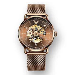 Original Design Copper Color Skeleton Automatic Watch for Men Stainless Steel Waterproof Luminous Mechanical Watches reloj New