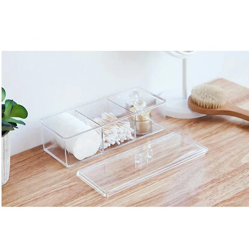 Caja de almacenamiento de cosméticos transparente, organizador de maquillaje, hisopo de algodón de tres colores, caja de almacenamiento de almohadillas de algodón, Material acrílico de escritorio