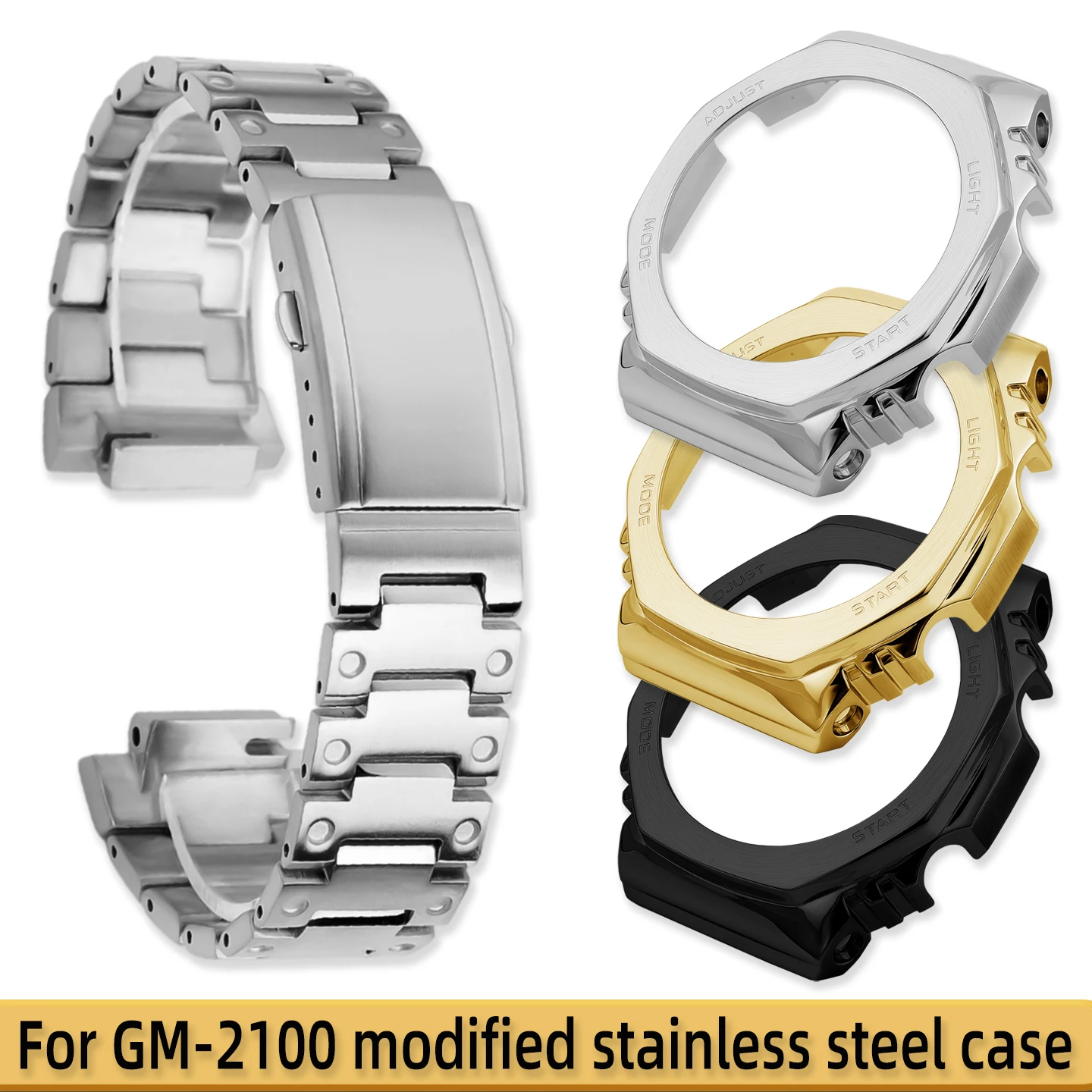 Suitable for Casio GM-2100 modified stainless steel case, men's stainless steel watch strap replacement accessories 16mm