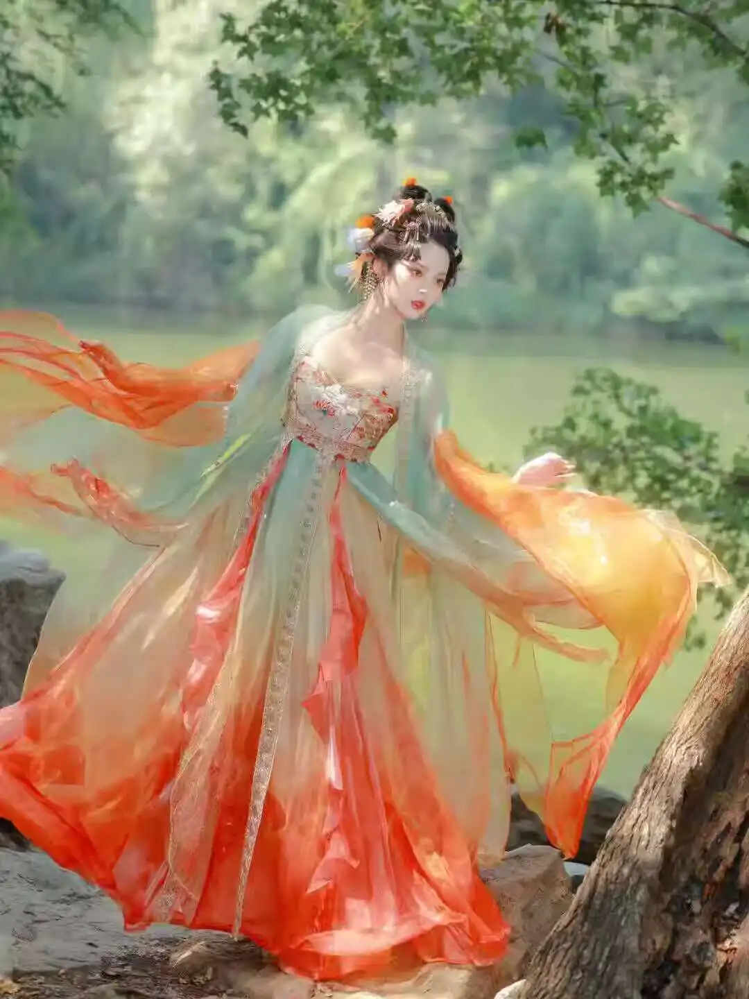 

Tang Suit Hanfu Chest-High Strap Dress Red Silk Embroidered Hezi National Style Koi Petal Dress Butterfly Sleeve Fairy Dress