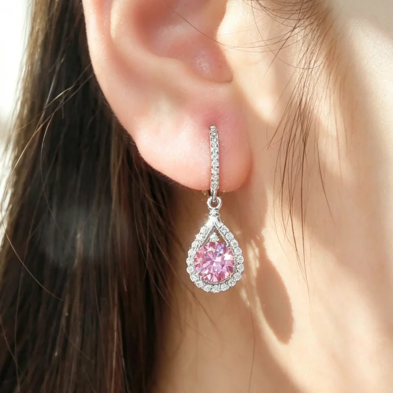 NKHOG 1CT Pink White Moissanite Drop Earrings Woman Round Cut Waterdrop 925 Sterling Silver Earring Fine Jewelry Gift Certified