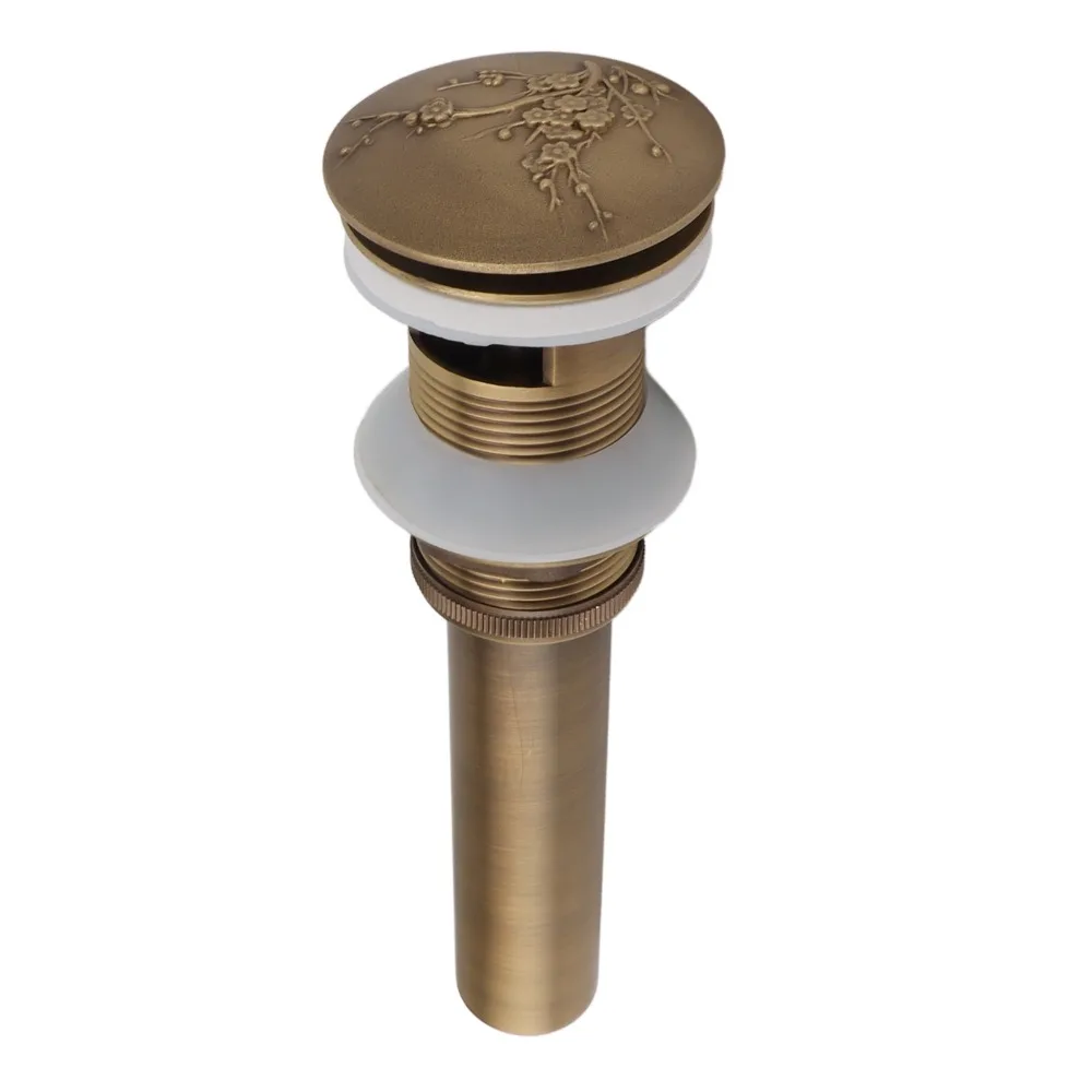Push Bounce Sink Drain Antique Brass Engraved Floral Design Sink Drain Stopper Press And Bounce Mechanism Quick Drainage