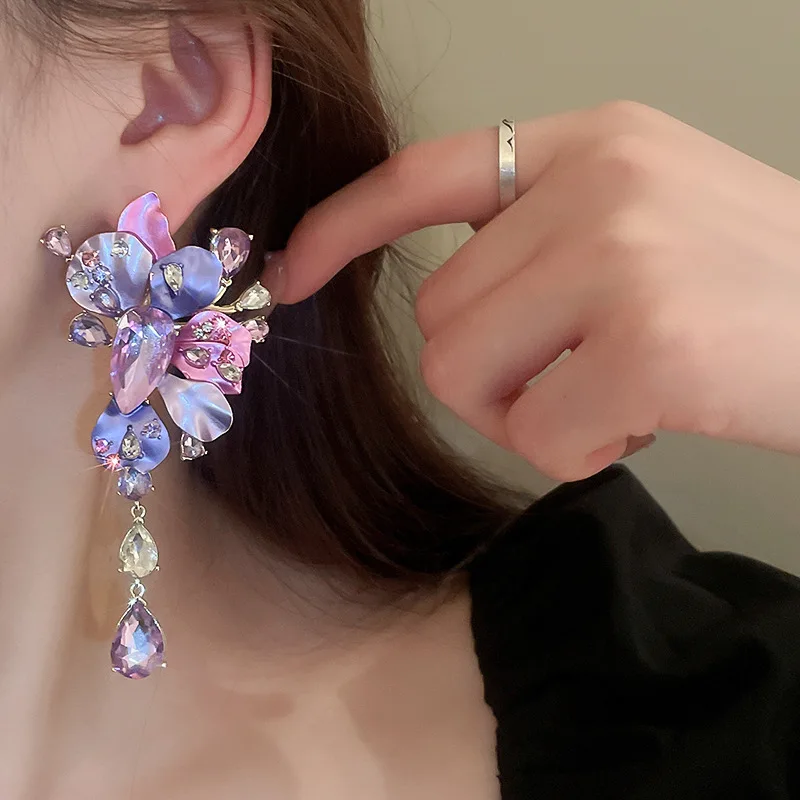 Luxury Rhinestone Purple Flower Drop Earrings for Women Europe and America Exaggerated Heavy Industry Party Jewelry