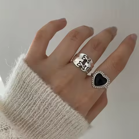 925 Sterling Silver Rings For Women Simple Minimalist Retro Black Heart Open Finger Ring Fashion Band Female Bijoux Gift