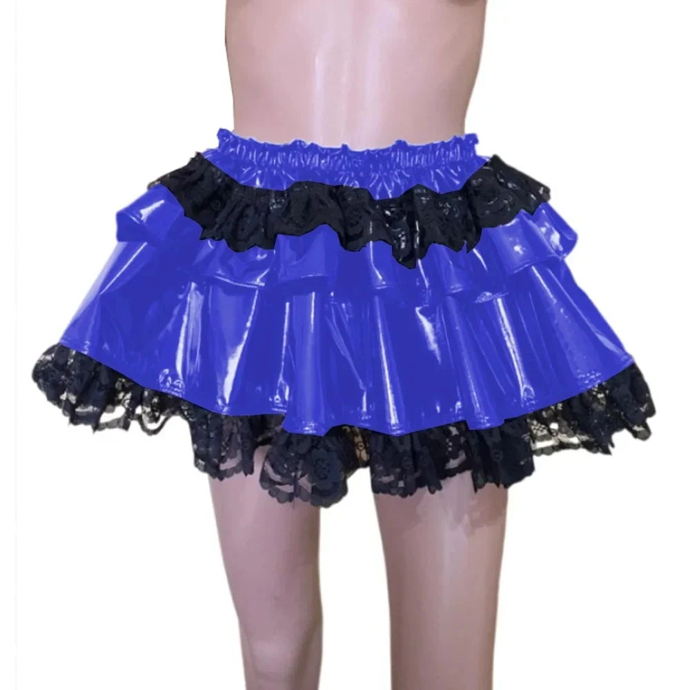 Black PVC Short Skirt with Double-layer Pleated Lace Inlay and Elastic Waistline Available in Multiple Colors