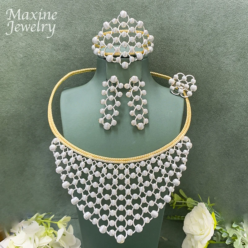 

Bohemian Printed Beads Dubai Gold Plated Luxury Original Jewelry Set for Women Necklace Earring Bracelet Ring Party Wedding Gift