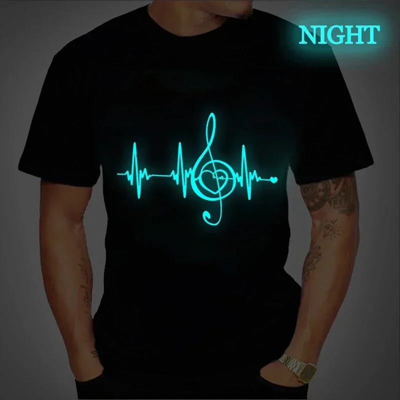 Men's Black Shirts Short Sleeves T-Shirts Summer Tops Music Note Heartbeat Funny Tshirts for Men Luminous Design Male Tee Tops