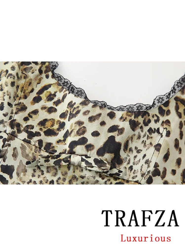 TRAFZA Vintage Casual Chic Leopard Print Women Suit Sleeveless Bow Cami Top Loose Long Zipper Pants New Fashion 2024 summer Sets