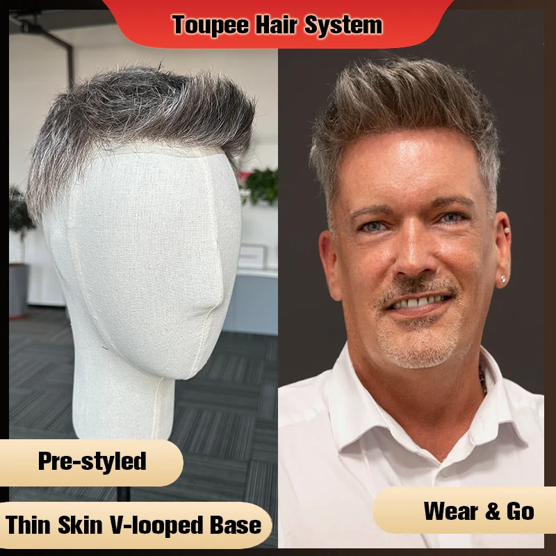 

Pre Styled V-looped Thin Skin Men Toupee 0.04 0.06 mm 1B40 Color Human Hair Replacement Systems Hair Piece Protesis Hombre Male