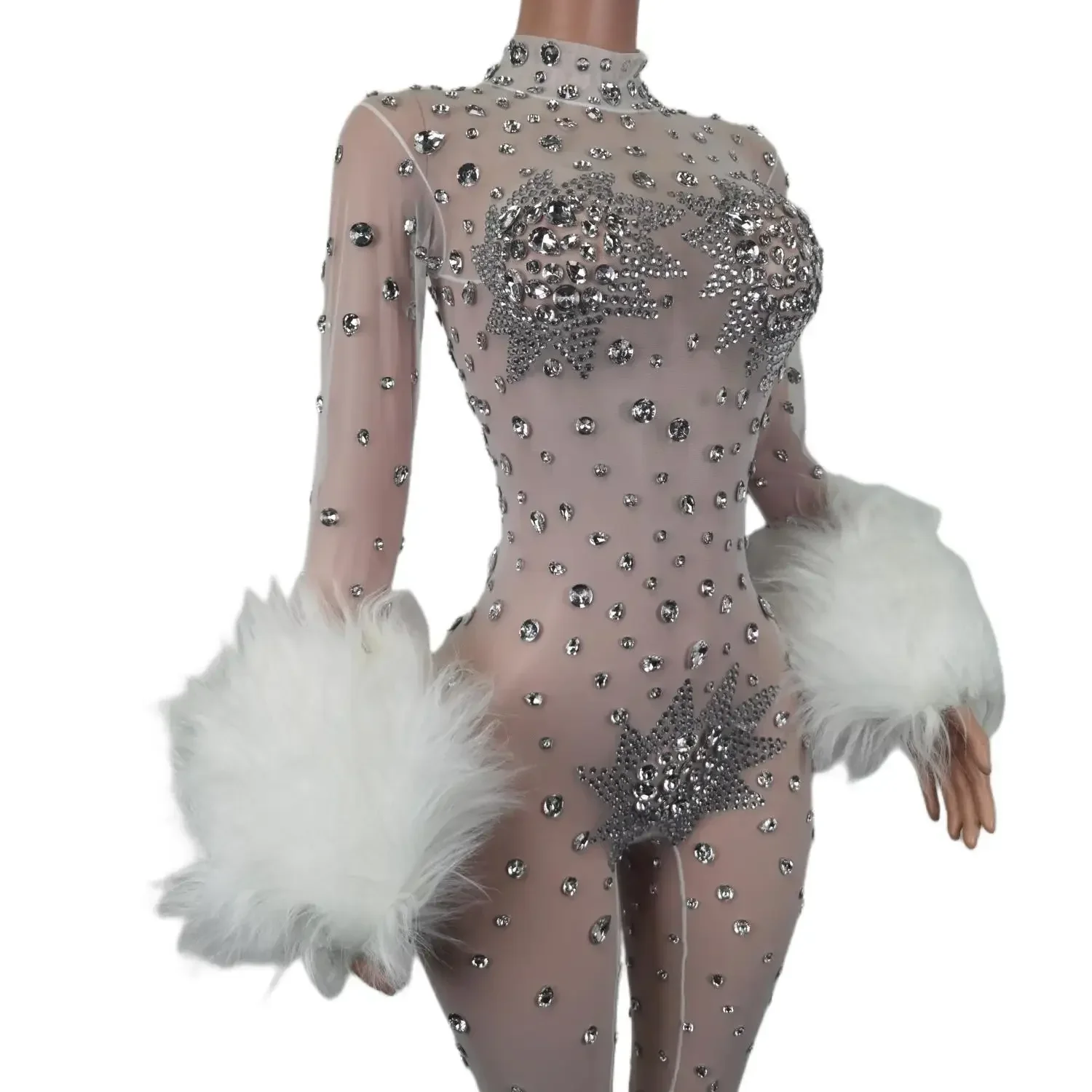 Mono Blanco con diamantes de imitación para mujer, mallas sexys para cantante y bailarina, traje elástico, ropa de club nocturno, atuendo de fiesta