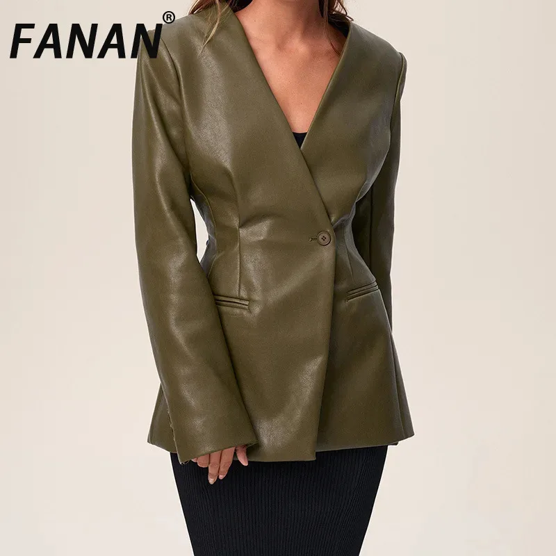 

FANAN модные кожаные зеленые пиджаки для женщин с v-образным вырезом и одной пуговицей, костюм со сборкой на талии, винтажные куртки, весна 2024, новая одежда