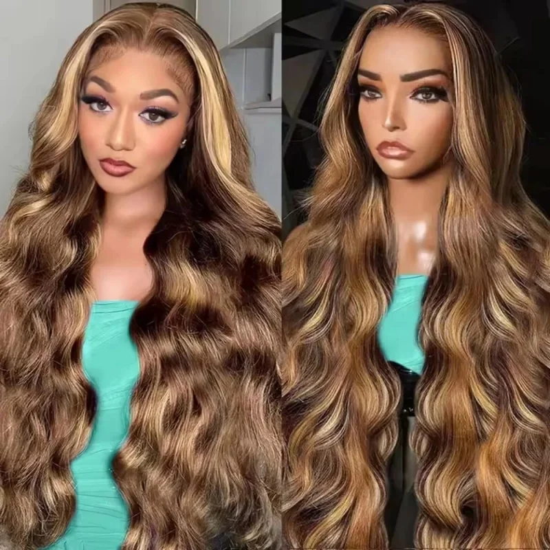 Pelucas de cabello humano brasileño con encaje frontal 13x4, onduladas, densidad 200, color rubio miel ombré, para mujeres.