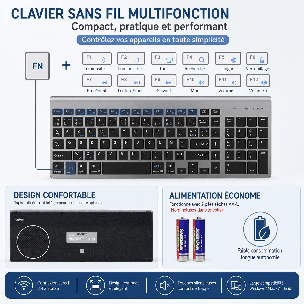 Francuska bezprzewodowa klawiatura Ultra Slim Dual Mode 2.4G i Bluetooth, kompaktowa, energooszczędna klawiatura z układem AZERTY dla systemów Windows i iOS. — zdjęcie produktu 5
