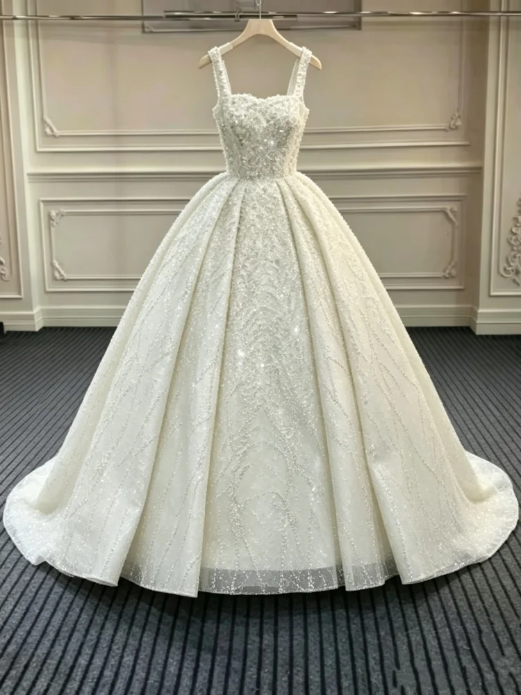 Custom Square Neck Spaghetti Strap Wedding Dress 2026 Full Beaded Sparkly Ball Gown Bridal Dress With Train Vestido De Novia