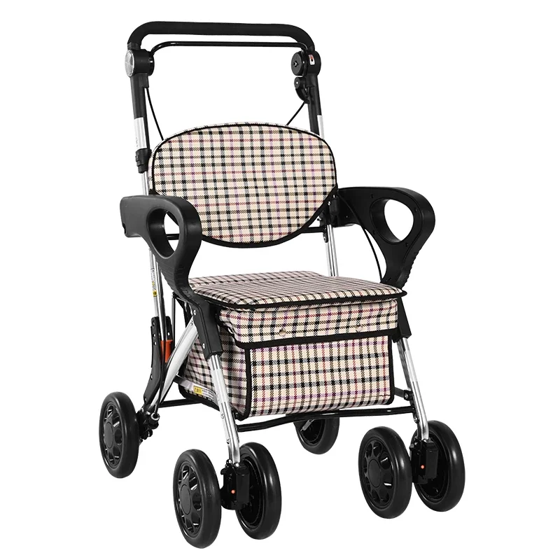 Adjustable Height Elderly Handcart Mobility Aids Lightweight Four-wheel Assisted Walker Can Sit Portable Foldable Shopping Cart