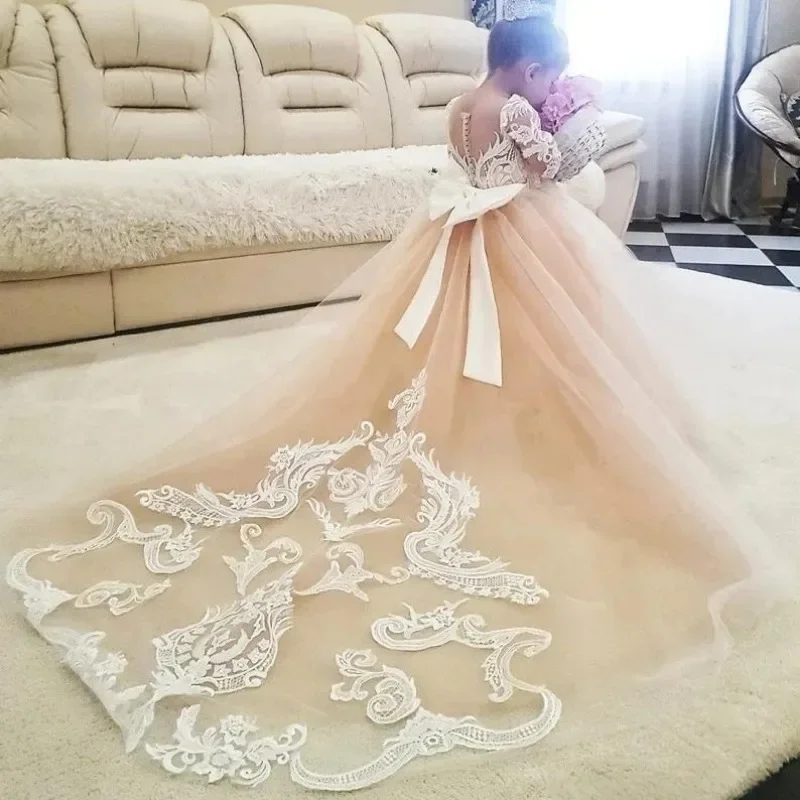 

Champagne Lace Flower Girl Dress Removable Trailing Bow See-through Sleeves for Little Girl Birthday Party First Communion Dress