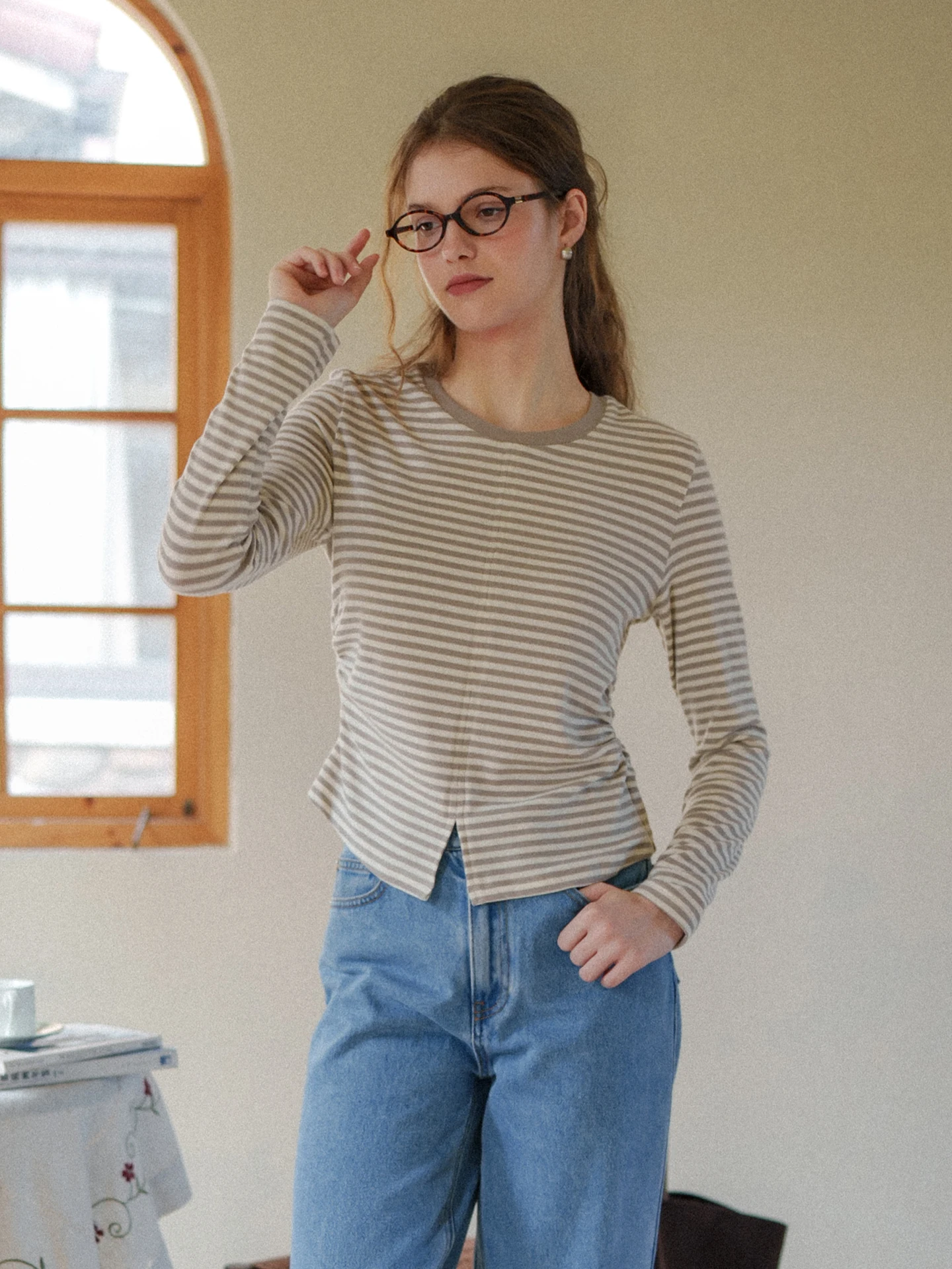 

Retro Striped Thiened Wool Base irt Waist Cinched Inner Wear Top MarchNoon Ladies Faion Knitted Long Sve Tee