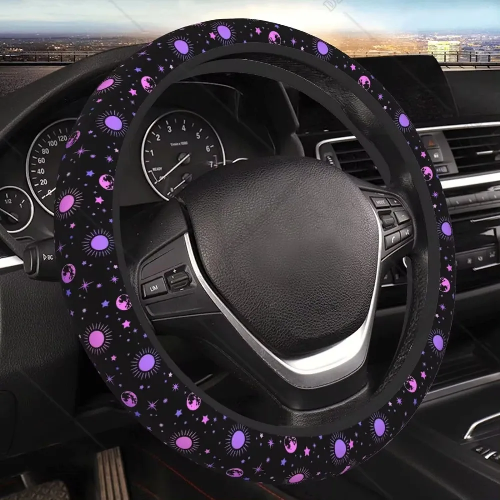 Car Steering Wheel Cover Universal 15 Inch Vintage Neon Purple Esoteric Sun Moon Steering Wheel Protector Car Accessories