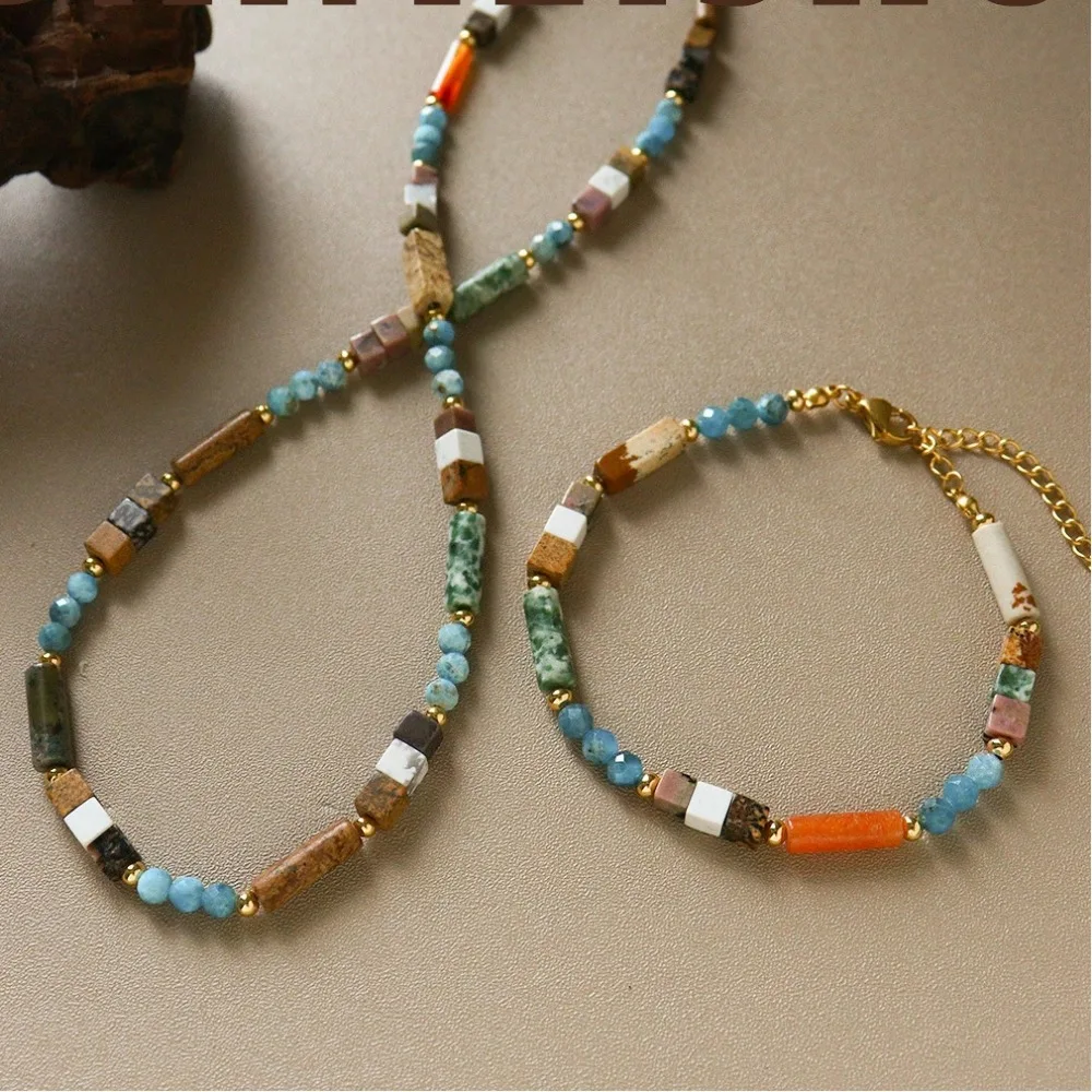

Retro Simple Versatile Irregular Colorful Square Natural Stone Beaded Necklace, High-end Bracelet Fashionable Clavicle Chain
