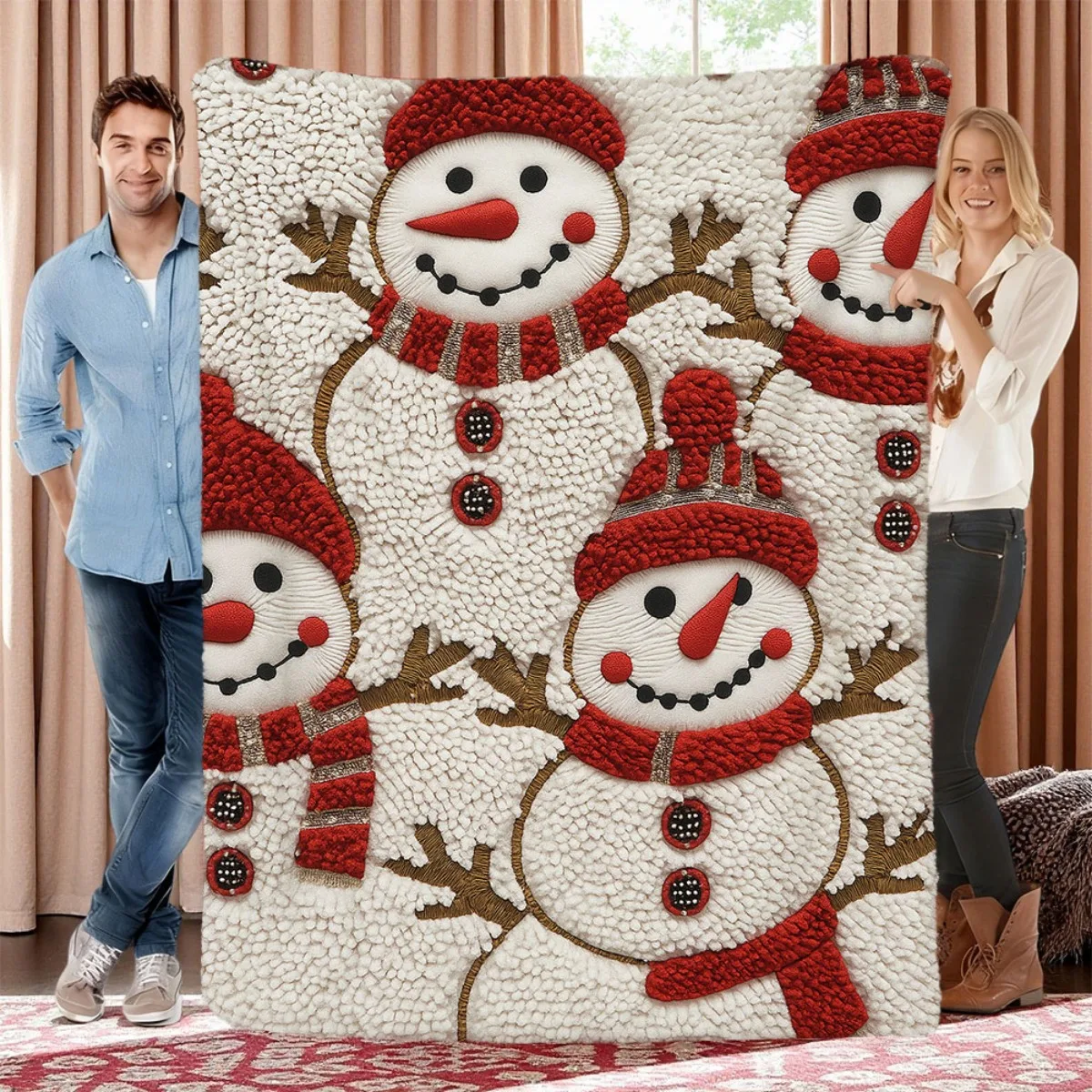 White Background Red Hat Snowman 3D Plush Christmas Soft Cozy Throw Blanket for Sofa Bed Joyful Touch