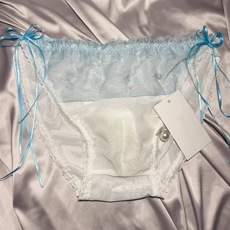 Men's Sexy Cute Sweety Underwear Ice Silk Mesh Lace Bow Breathable Briefs Sissy Roleplay Private Party Costumes Panties