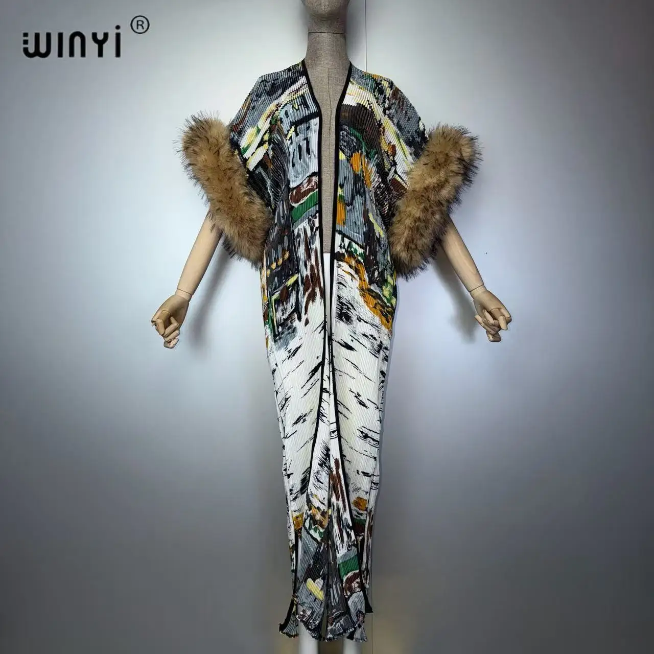WINYI Women's Long Sleeve Kimono Cardigan Boho Print Bubble Hem Cover up Caftan Luxury Beachwear Abaya Dubai Style Dress